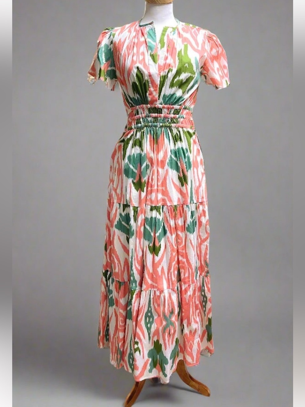 Sheridan French Eloise dress Tulip Ikat peach, pink and greens Large